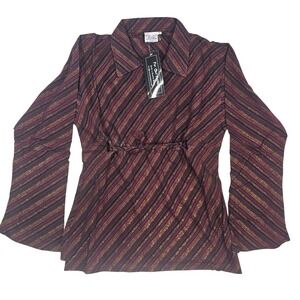 Far Out Fashion Purple Gold Metallic Striped Bell Sleeve Empire Waist Top M